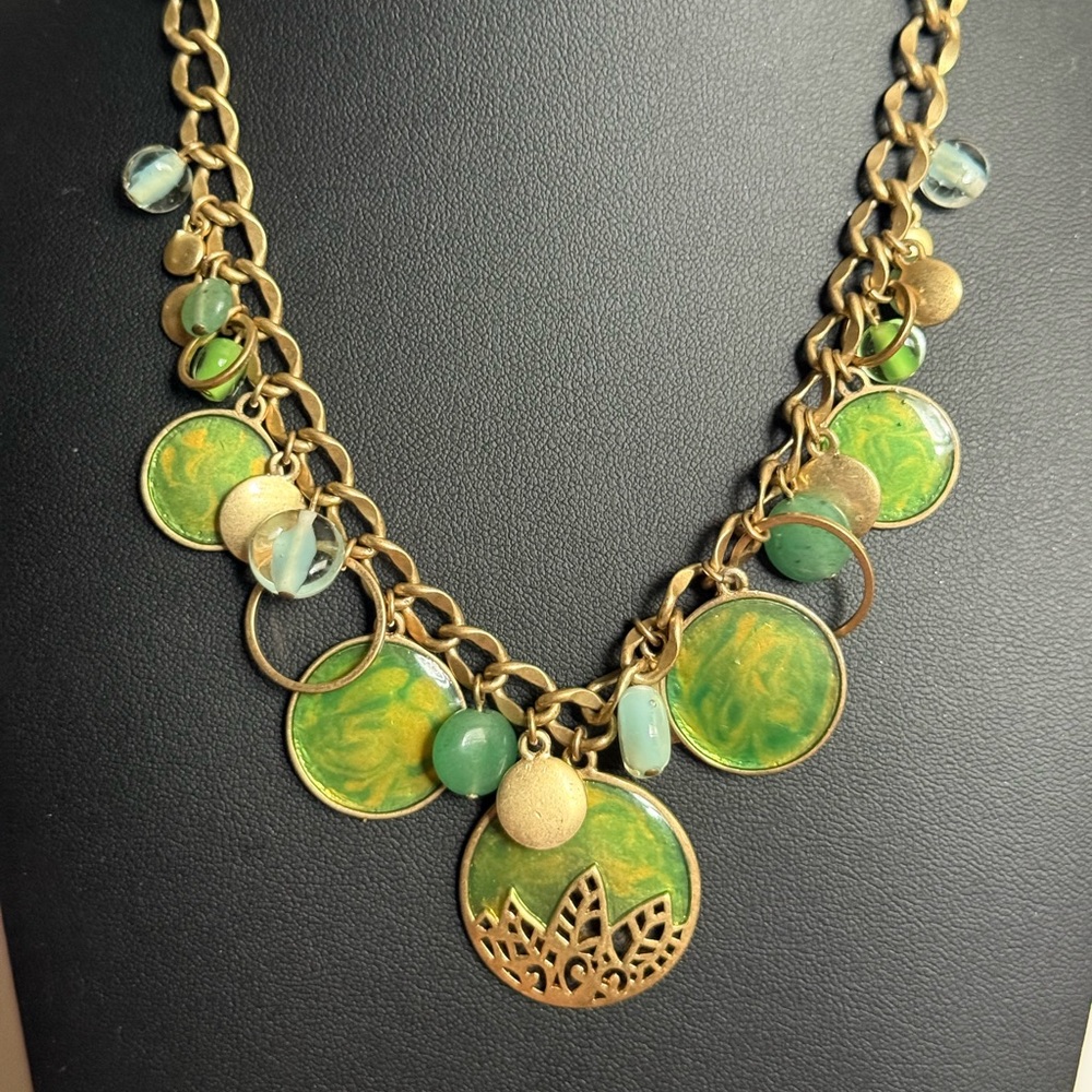 Vintage Green Enamel Dangle Charm Lotus Flower Necklace